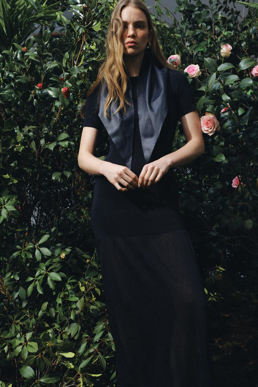 ZARA ДЛИННОЕ КОМБИНИРОВАННОЕ ТРИКОТАЖНОЕ ПЛАТЬЕ, МОРСКОЙ СИНИЙ