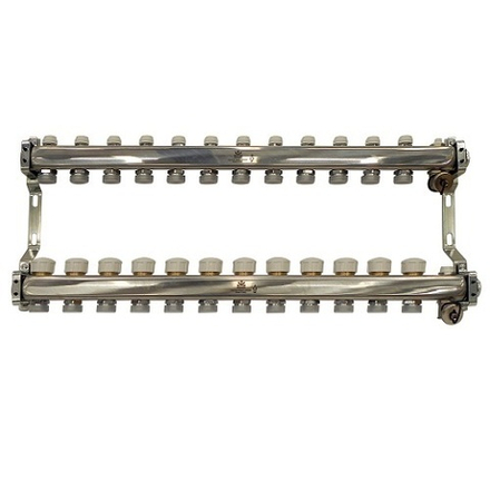 Коллекторный блок для тепл.пола и радиаторного отопления 1"x3/4"EU отв.-12, в комплекте: термостат. клапаны, микрометрич. вентили, сливн. краны, ручн