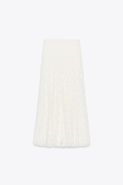 ZARA ДЛИННАЯ РАСКЛЕШЕННАЯ КРУЖЕВНАЯ ЮБКА, БЕЛЫЙ