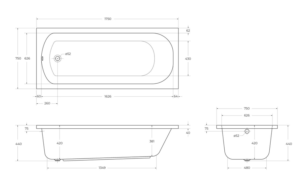 Ванна акриловая Cezares ECO-175-75-41-W37 с металлическим каркасом ECO-175-75-MF-R