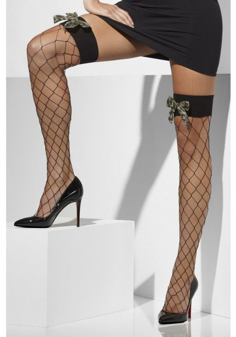 Чулки в сетку с бантиками цвета хаки (Размер: S-M-L) (Цвет: черный)