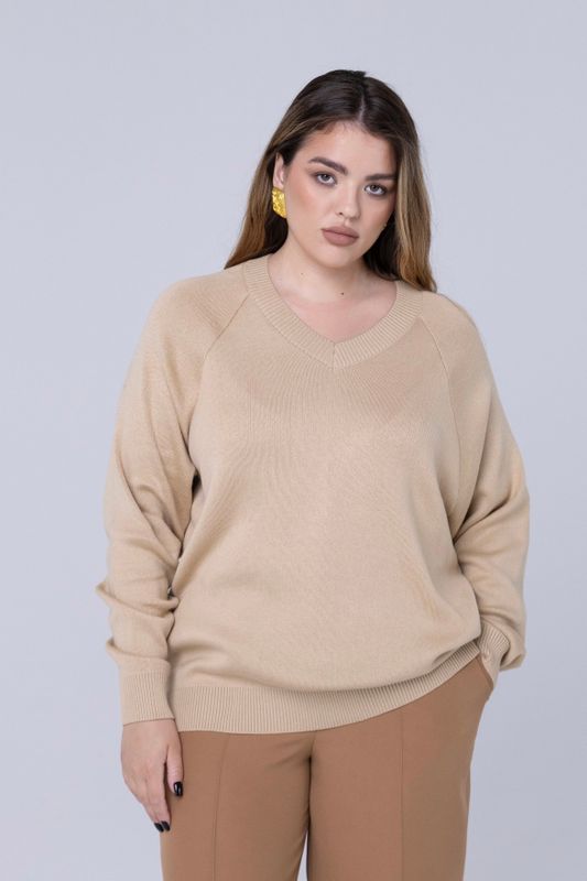 Джемпер вязаный реглан с V-образным вырезом, песочный