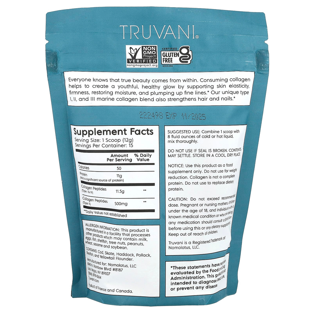 Truvani, Морской коллаген из дикой рыбы, без добавок, 180 г (6,35 унции)