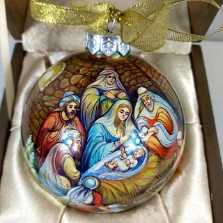 Коллекционный елочный шар с росписью Палех "Рождество Христово" в футляре