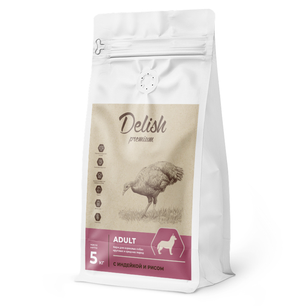 Сухой корм DELISH premium для взрослых собак средних и крупных пород с индейкой и рисом - 5 кг