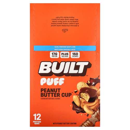 Built, Puff, протеиновые батончики, чашка арахисовой пасты, 12 батончиков, 40 г (1,41 унции) каждый