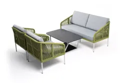 "Канны" лаунж-зона 4-местная из роупа со столом "Глория" (серый гранит), каркас алюминиевый светло-серый, роуп салатовый меланж