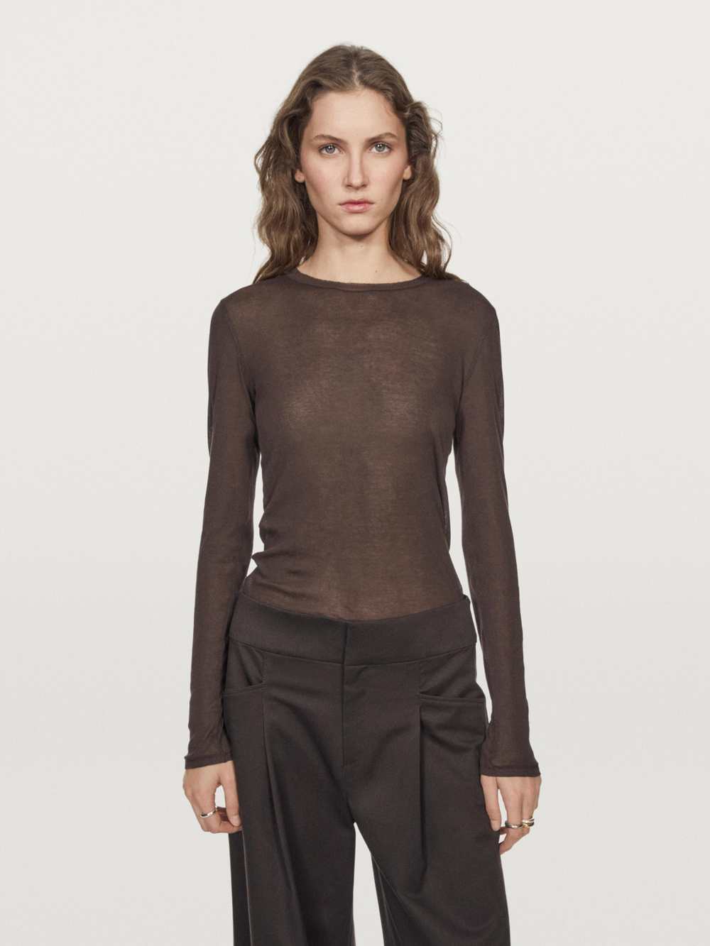 Massimo Dutti Футболка из 100% хлопка с деталями на воротнике, коричневый