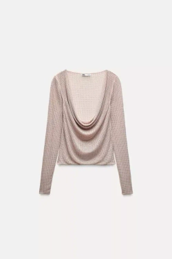 ZARA ТОП ИЗ ПОЛУПРОЗРАЧНОЙ ТКАНИ СО СТРАЗАМИ, ТЕЛЕСНО-РОЗОВЫЙ