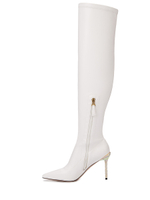 Женские белые ботфорты из кожи на молнии со стразами