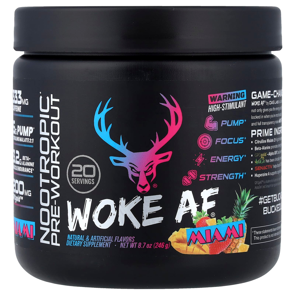 Bucked Up, Wake AF®, ноотропный предтренировочный комплекс, Майами, клубника, манго и ананас, 246 г (8,7 унции)