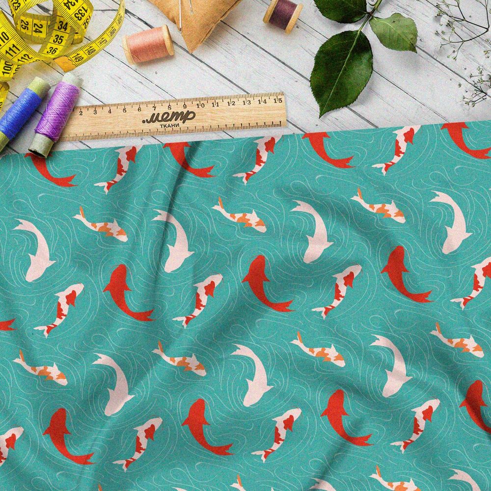 Ткань саржа японские карпы на голубом фоне