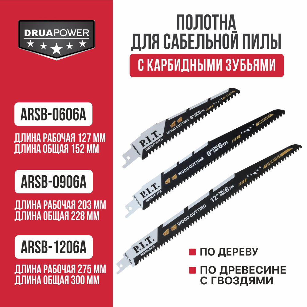 Полотно для сабельной пилы с карбидными зубьями P.I.T. DRUA 2 шт, 152х1,3мм, 6 TPI (ARSB-0606A)