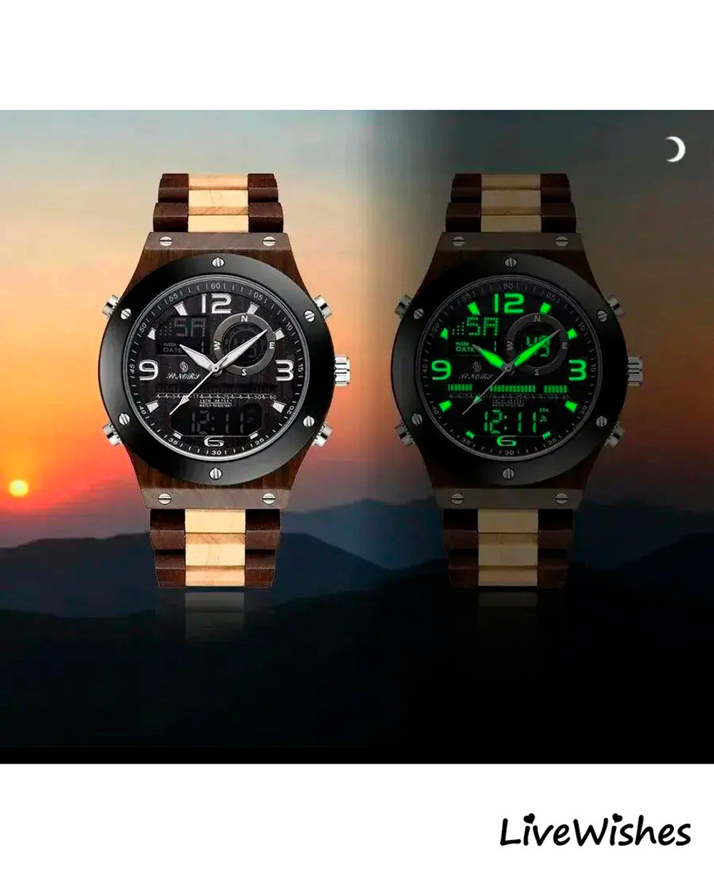 Часы наручные из натурального дерева кварцевые JENORI на деревянном браслете, оттенки коричневого W9230-01