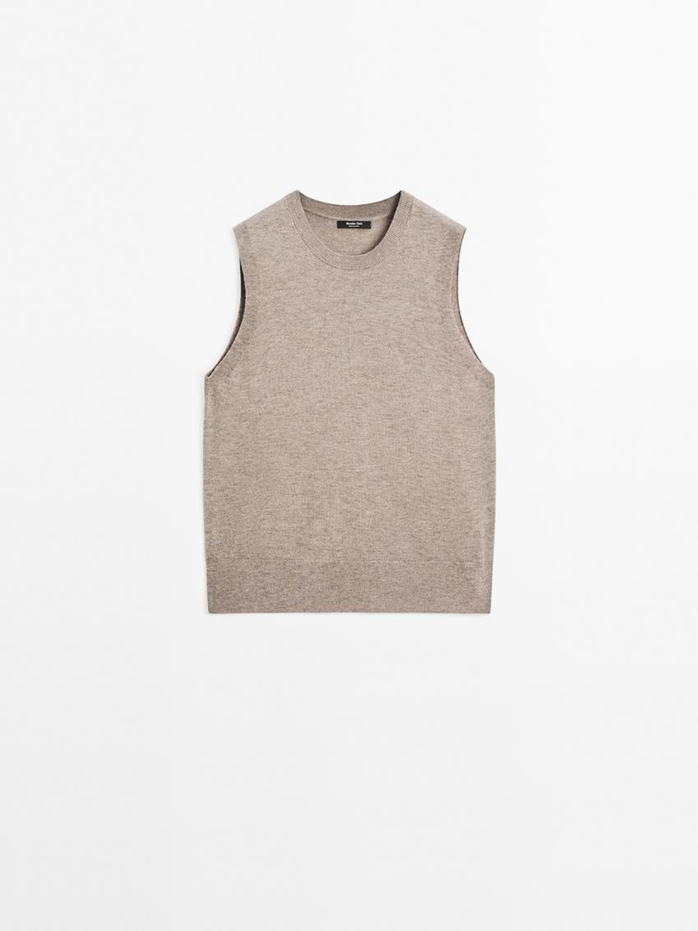 Massimo Dutti Укороченный жилет из смесовой шерсти с круглым вырезом, кротово-коричневый