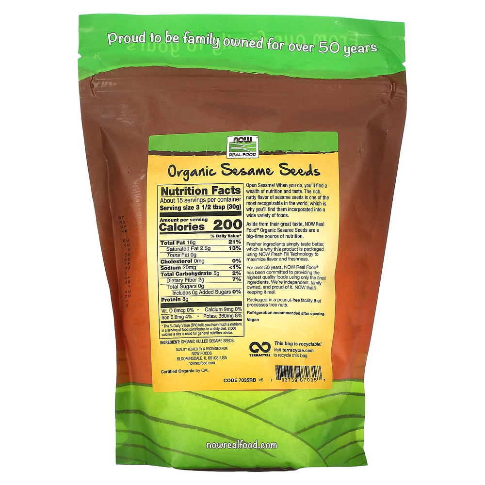 NOW Foods, Real Food, органические сырые семена кунжута, 454 г (16 унций)