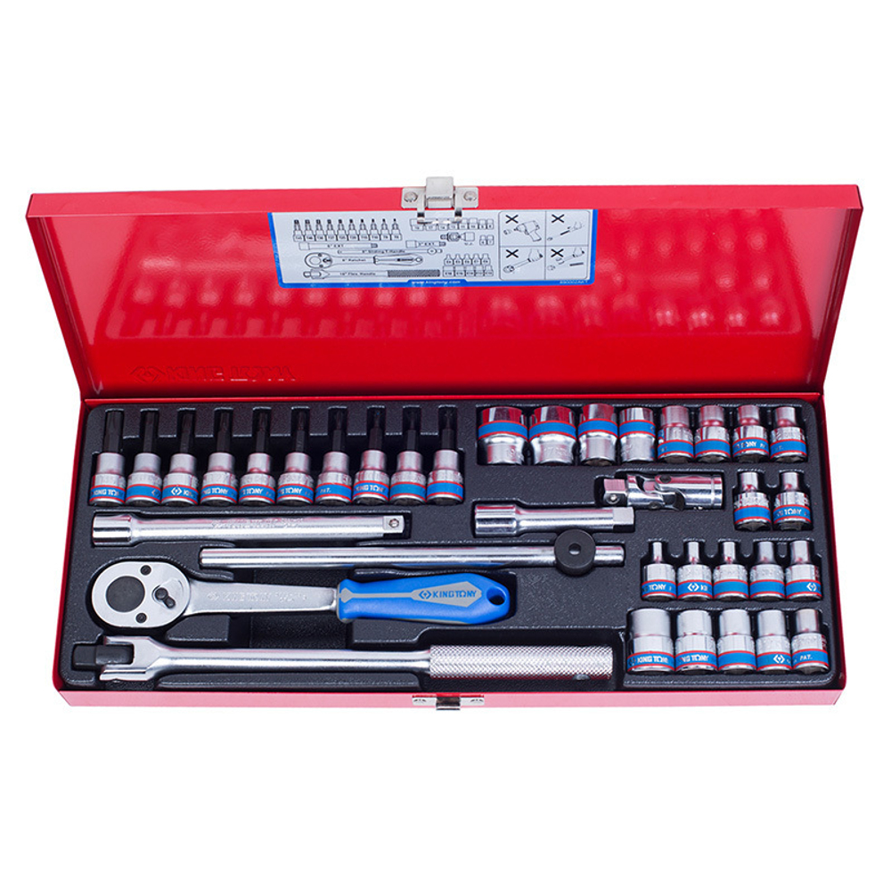 KING TONY (3034MR) Набор торцевых головок с принадлежностями 3/8", 12-гранные, 6-19 мм и E4-E18, 36 предметов