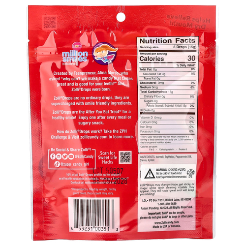 Zollipops, Zolli Drops, капли для очищения зубов, перечная мята, прибл. 15 капель золли, 1,6 унции