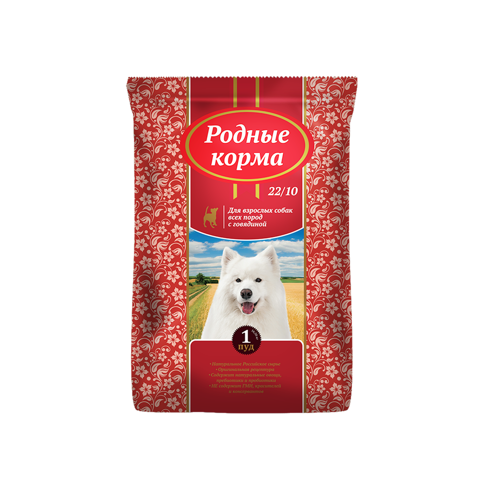 Сухой корм РОДНЫЕ КОРМА для взрослых собак говядина 24/12 16,38 кг