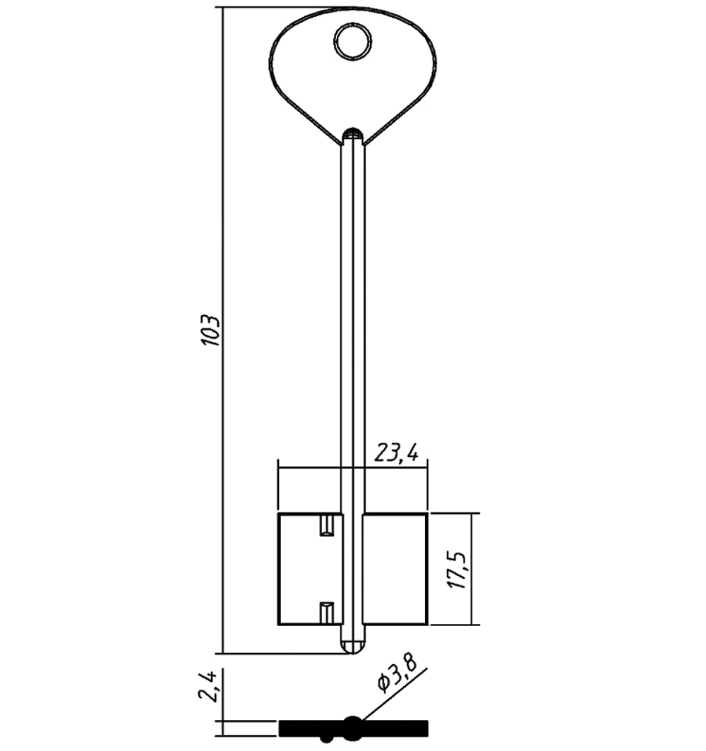 Заготовка сувальдного ключа 10596 159- Керберос-1 литье (длинный)(103*23,4*17,5мм)(3,8мм) желтый (KER1D)