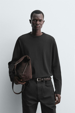 ZARA ФУТБОЛКА С ДЛИННЫМИ РУКАВАМИ, ЧЕРНЫЙ