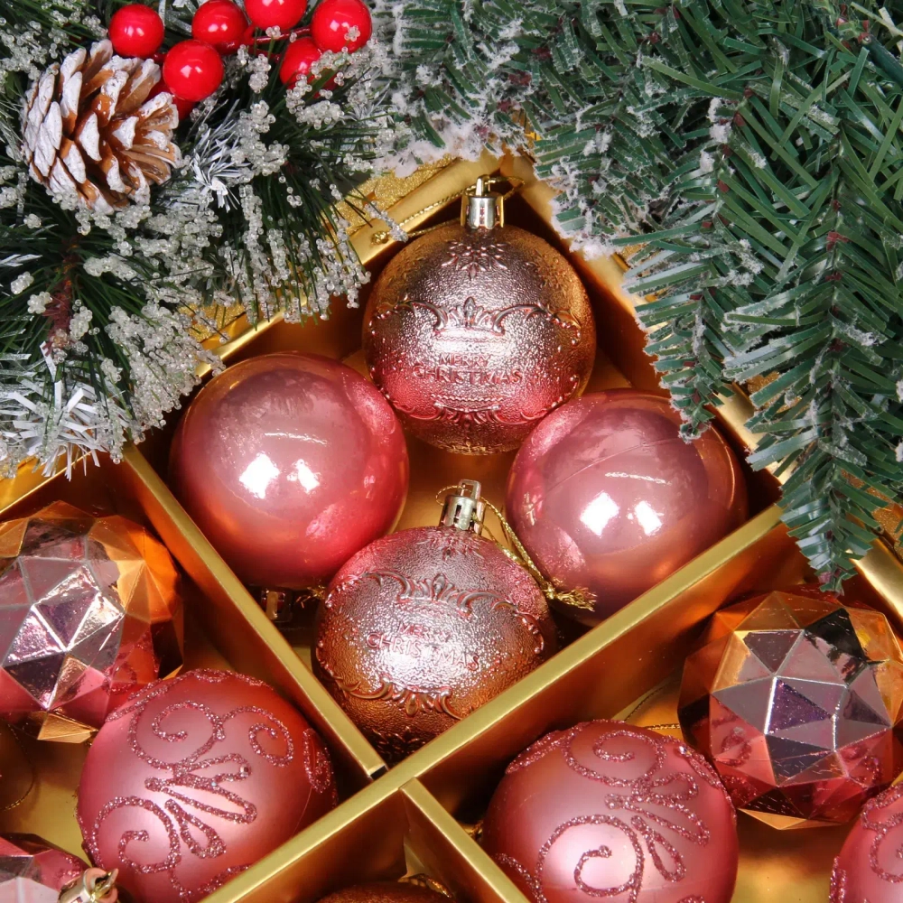 Новогодние шары «Зимняя вечеринка» 6 см (набор 16 шт), Розовое золото