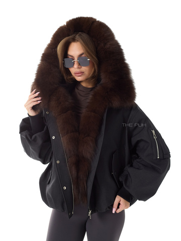 Черная пуховая парка с капюшоном и меховой оторочкой