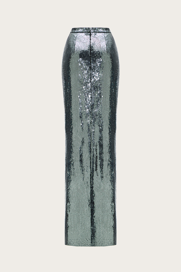 ЮБКА ИЗ СЕРОГО ШЕЛКОВОГО АТЛАСА, РАСШИТАЯ ПАЙЕТКАМИ