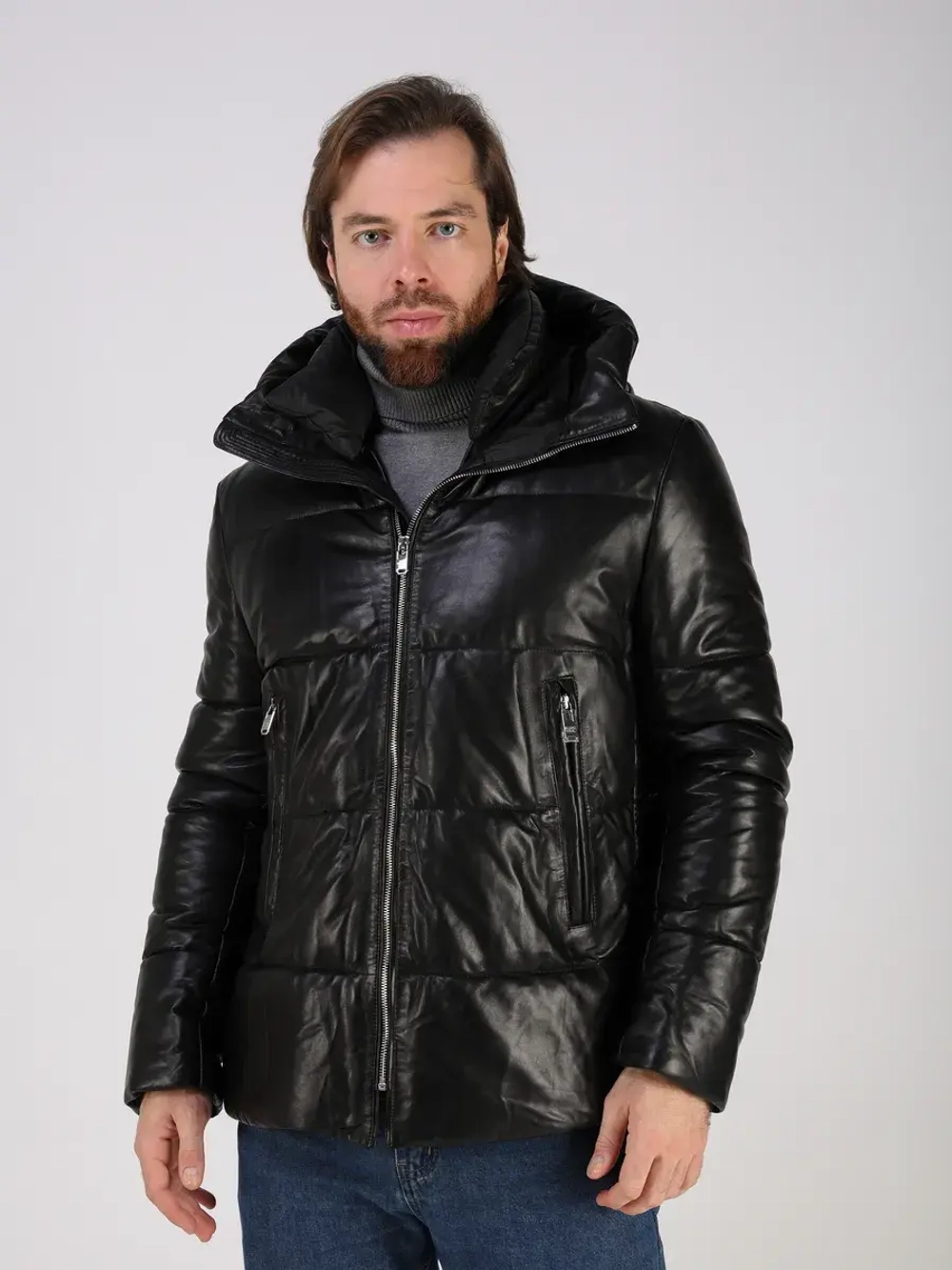 Куртка зимняя кожаная с капюшоном пуховик
