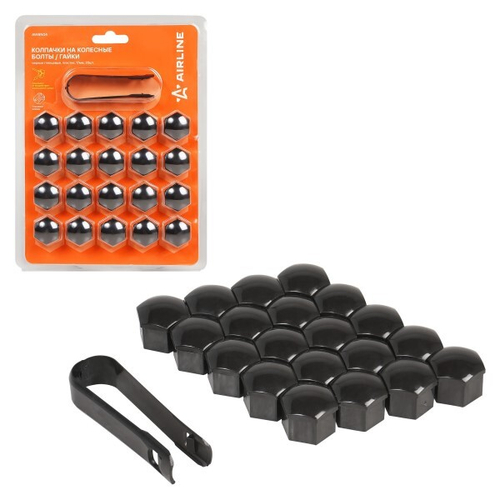 Колпачки на колесные болты/гайки 17 мм, черные глянцевые, пластик, 20 шт.+ съемник (AIRLINE)