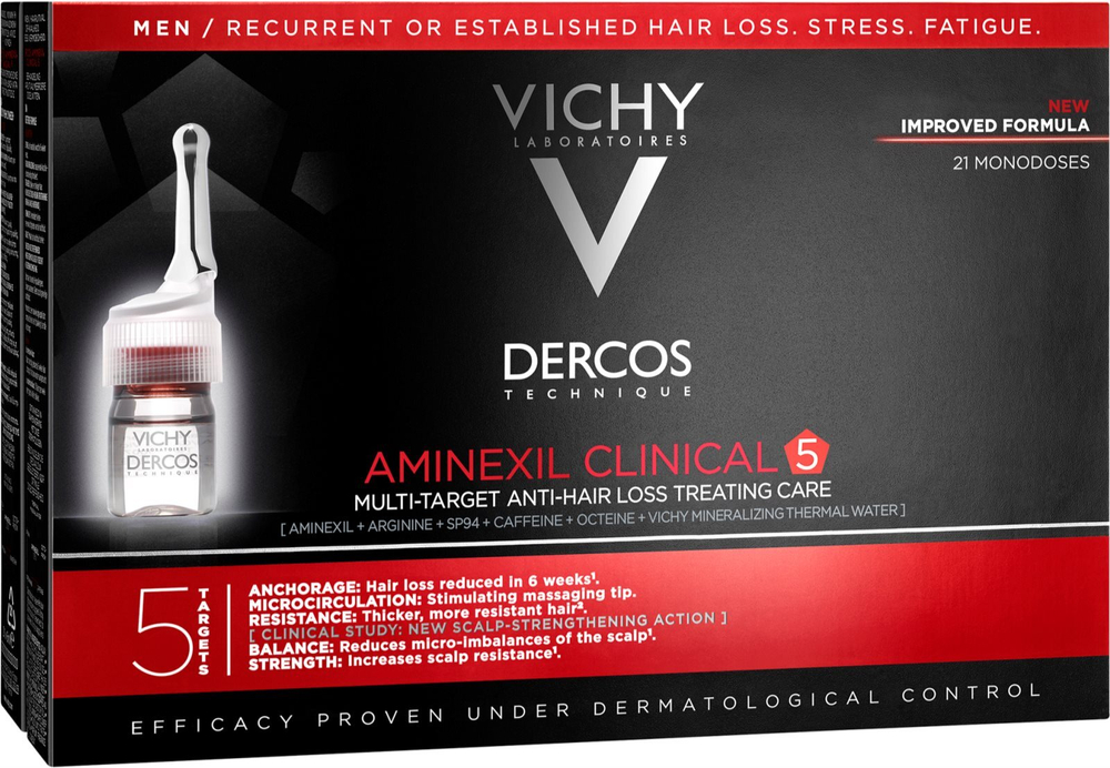 Vichy Dercos Aminexil Clinical 5 - точечный уход против выпадения волос для мужчин /  21 x 6  ml  / GTIN 3337875522748