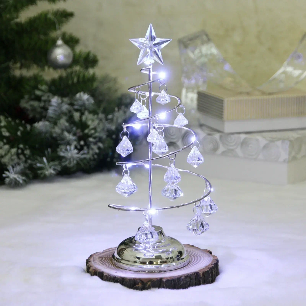 Сувенир с подсветкой «Елочка Хрустальная» 26 см, диаметр 10 см, основание-серебро, свечение белое, хрусталик Белый (работает от батареек 3 ААА)