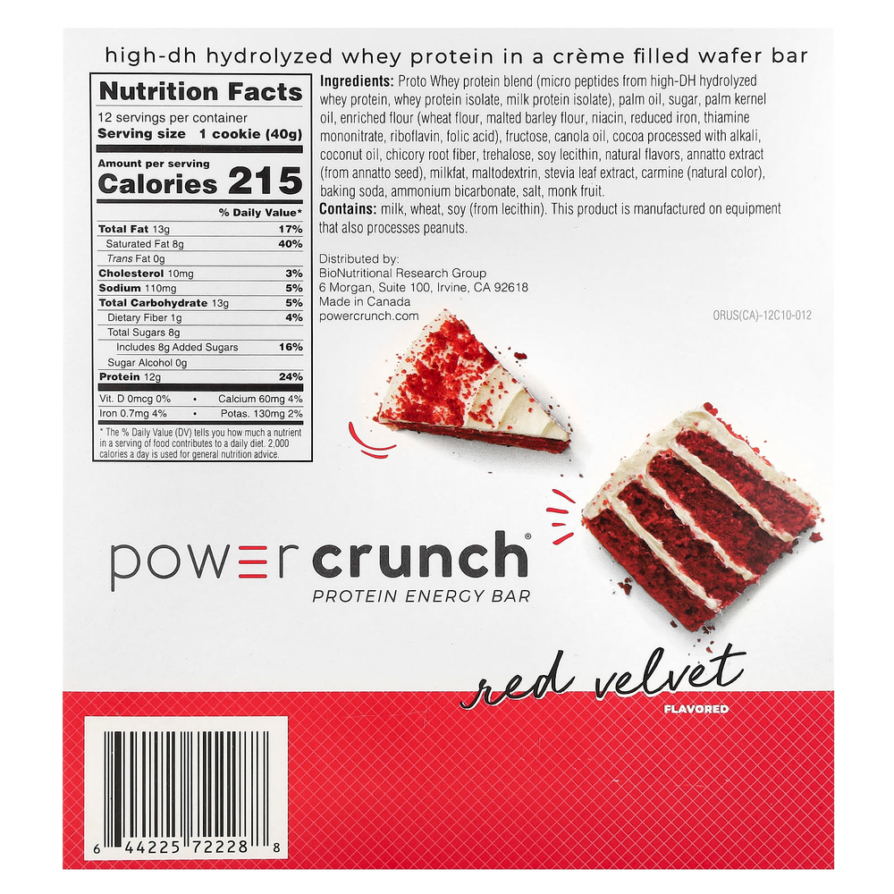BNRG, Power Crunch, протеиновый энергетический батончик, со вкусом торта «Красный бархат», 12 батончиков, 40 г (1,4 унции) каждый