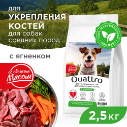 Корм сухой для собак средних пород, премиум полнорационный комплекс, укрепление костей, с ягненком, 2,5 кг, QUATTRO