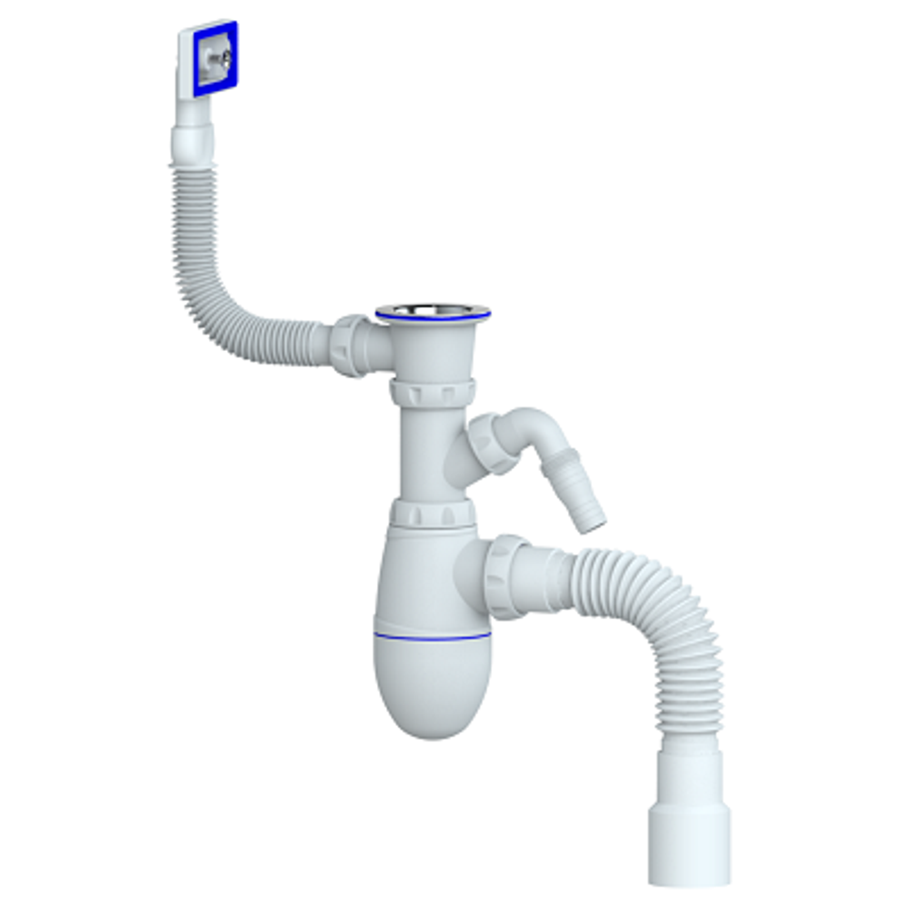 Сифон для мойки с прямоугольным переливом, отвод для стиральной/посудомоечной машины,с отводом в канализацию UNICORN В442V