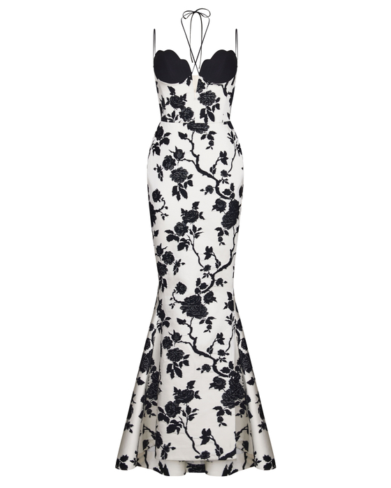 Платье макси из крепа и атласа с объемной юбкой со шлейфом