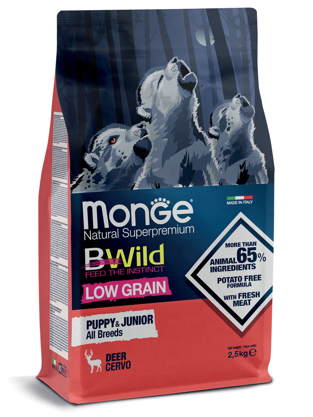 Сухой корм Monge Dog BWild LOW GRAIN Puppy & junior, для щенков, низкозерновой, из мяса оленя 2,5 кг