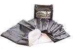 Полный набор мешков для ледяной экстракции haney-bag premium 9 шт/15 л, разложенный на белом фоне. видны черные мешки с фиолетовой окантовкой и упаковка комплекта