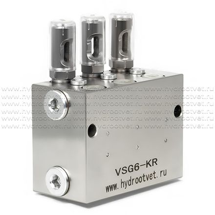 VSG6-KR - Питатель для двухлинейных систем смазки с рабочим давлением 400 бар, количество выходов 6, максимальная доза 2,3 мл/цикл, с регулятором и индикатором