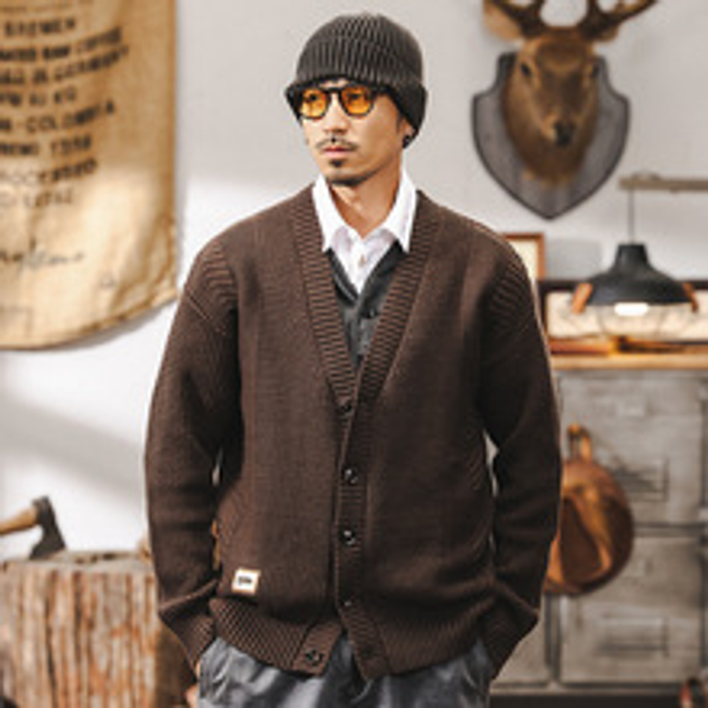 Американский ретро 810g кардиган свитер мужской зимний толстой прилив бренд ленивый ветер вязаный свитер с V-образным вырезом мужское пальто