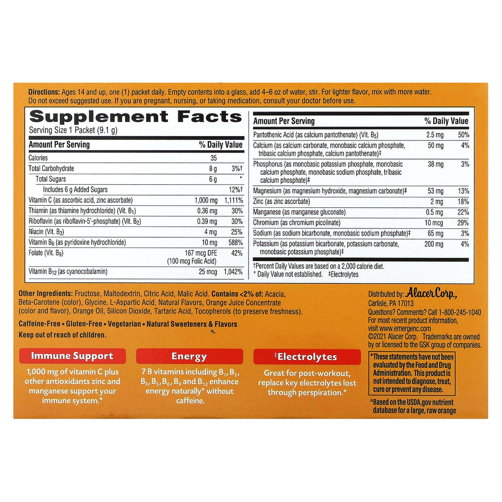 Emergen-C, Витамин C, смесь ароматизированных газированных напитков, супер-апельсин, 1000 мг, 30 пакетиков по 9,1 г (0,32 унции)