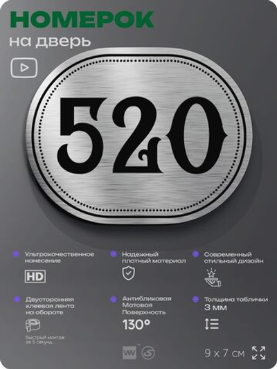 Номерок на дверь квартиры 520, для кабинета, офиса, шильдик 9 х 7 см, серебристый, Айдентика Технолоджи