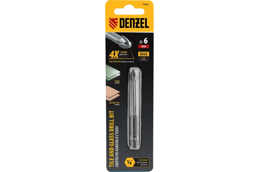 Сверло по керамической плитке 6 мм, крестовая пластина, 6-гр. хвостовик Denzel 728053