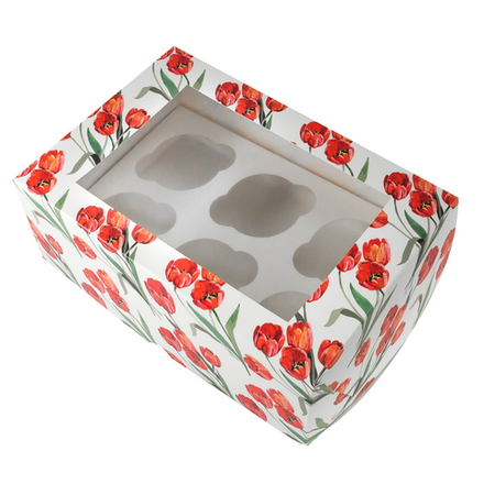 Коробка для 6 капкейков "Красные тюльпаны", с окном