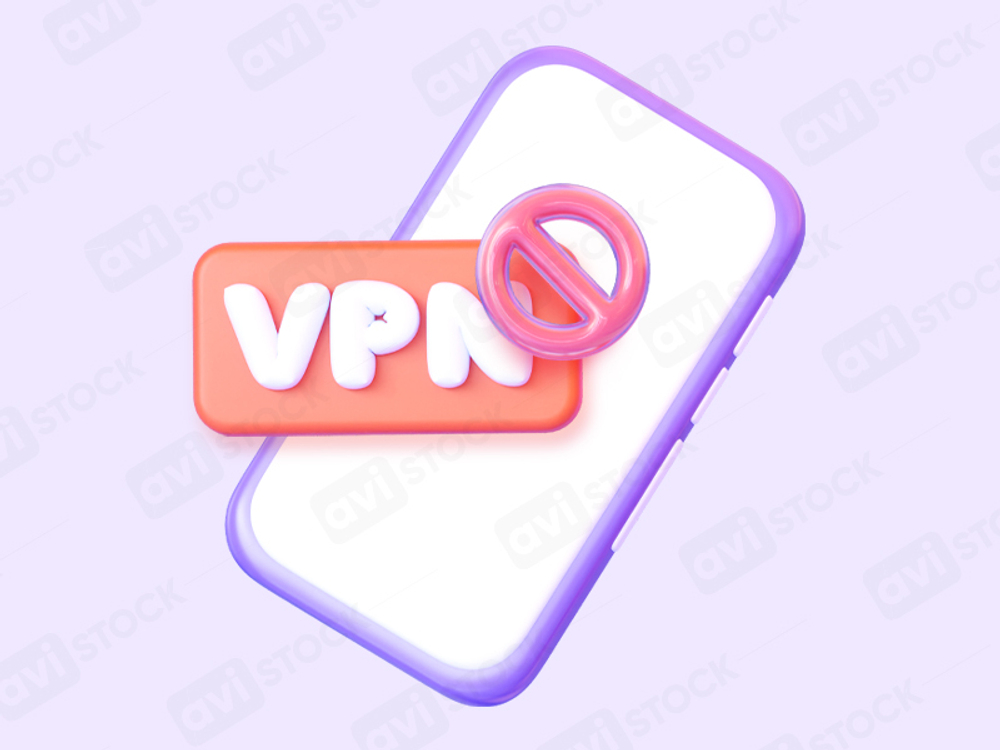 3D иконка VPN блокировки на смартфоне с запрещающим знаком