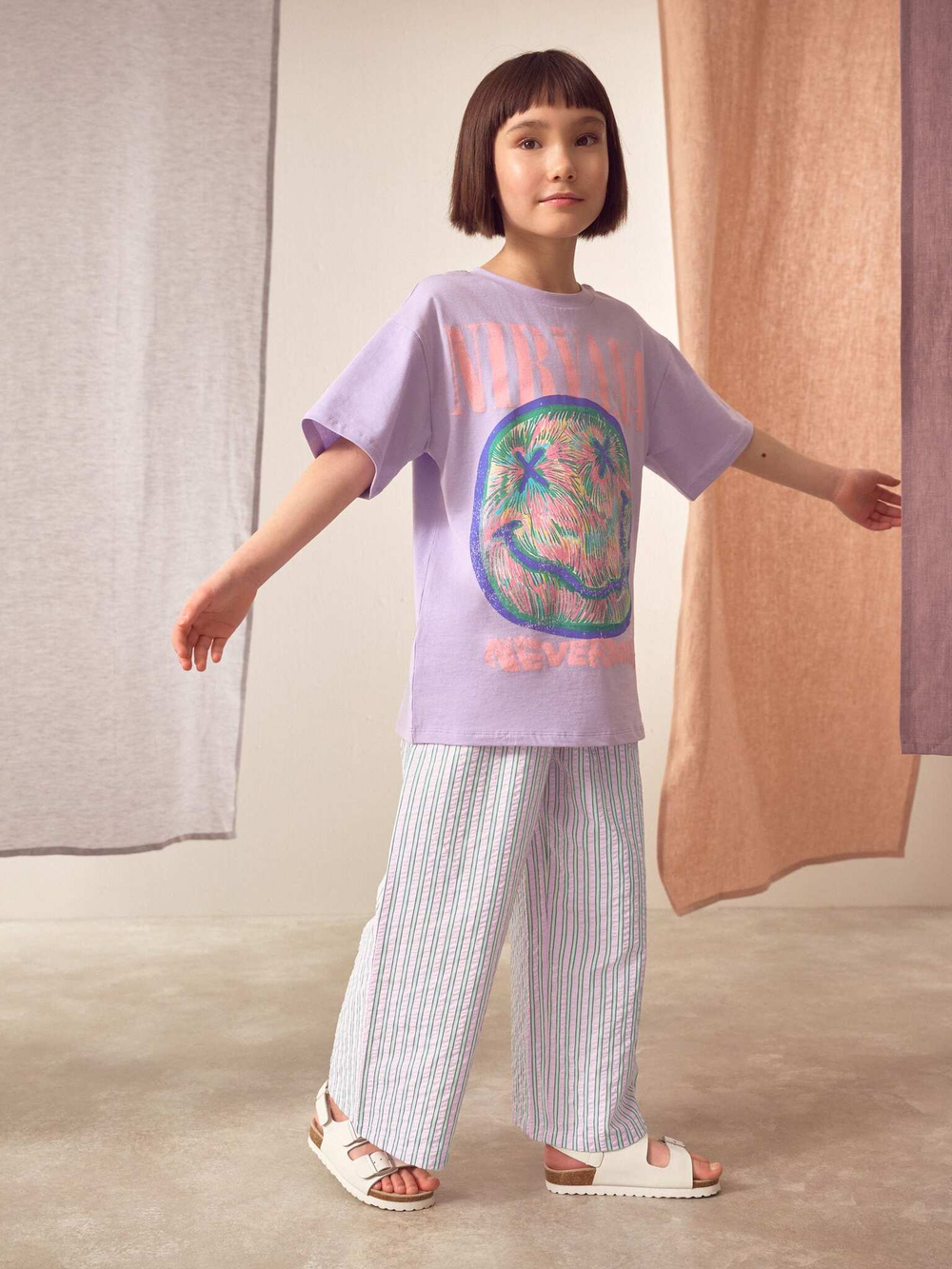 Брюки широкие для девочки Next AB1-530, Розовый, Зеленый