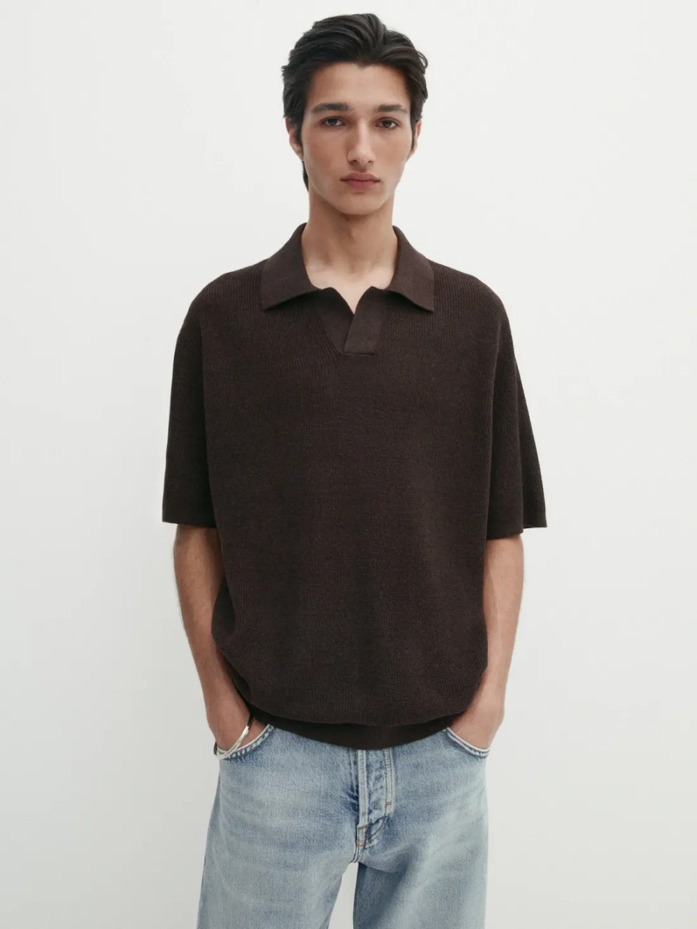 Massimo Dutti Футболка-поло  из хлопка и льна, коричневый