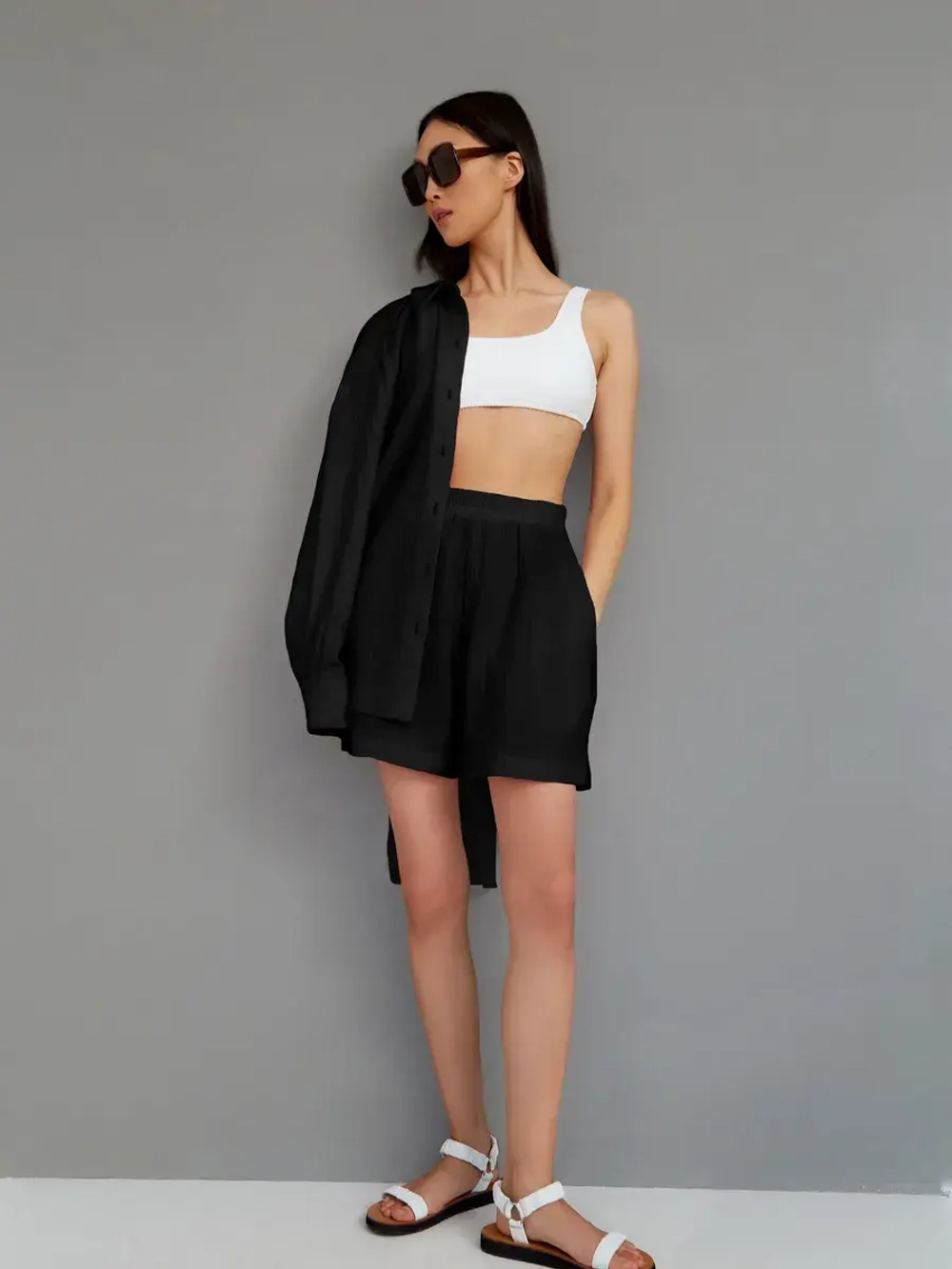 Костюм - пижама с шортами из муслина домашний оверсайз