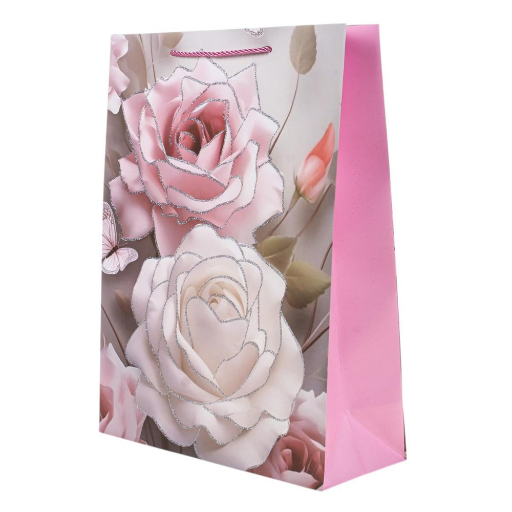 Пакет подарочный "Цветы" 30*39*11см,глитт,3Dэл,ручки-шнурок,4 цв.
