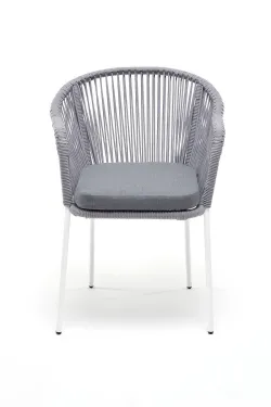"Лион" стул плетеный из роупа, каркас из стали белый муар, роуп светло-серый круглый, ткань светло-серая